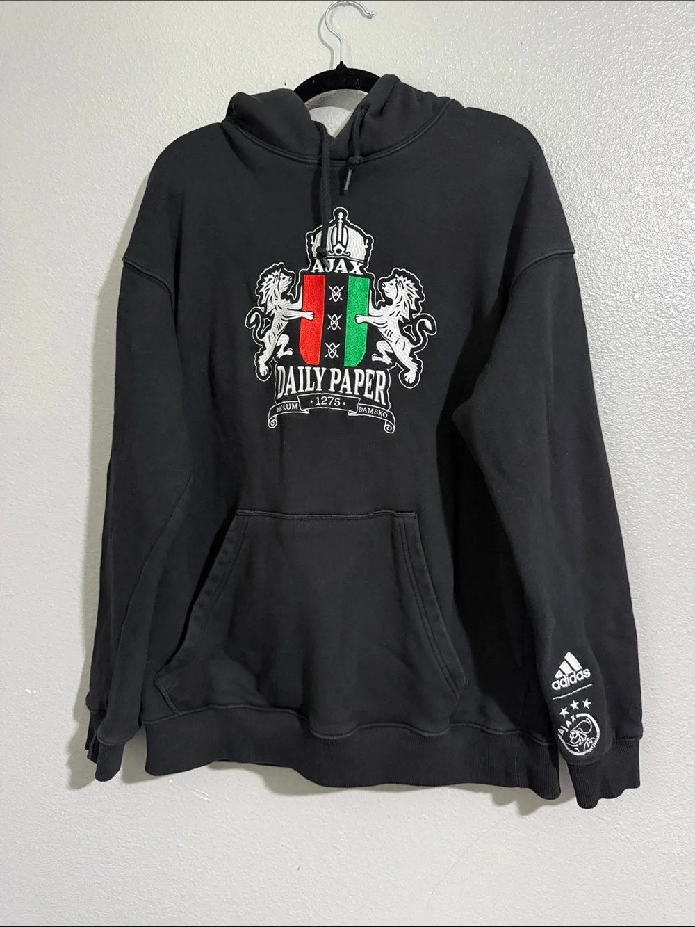 adidas X Daily Paper.  Ajax  Amsterdam Black Hoodie with Red & Green Crest
